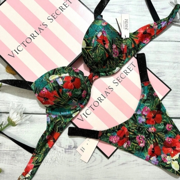 V.S(2pc)Swim Shine Strap Tee Push Up - Brazilian Set (Tropical)-34A - XS - Picture 10 of 10